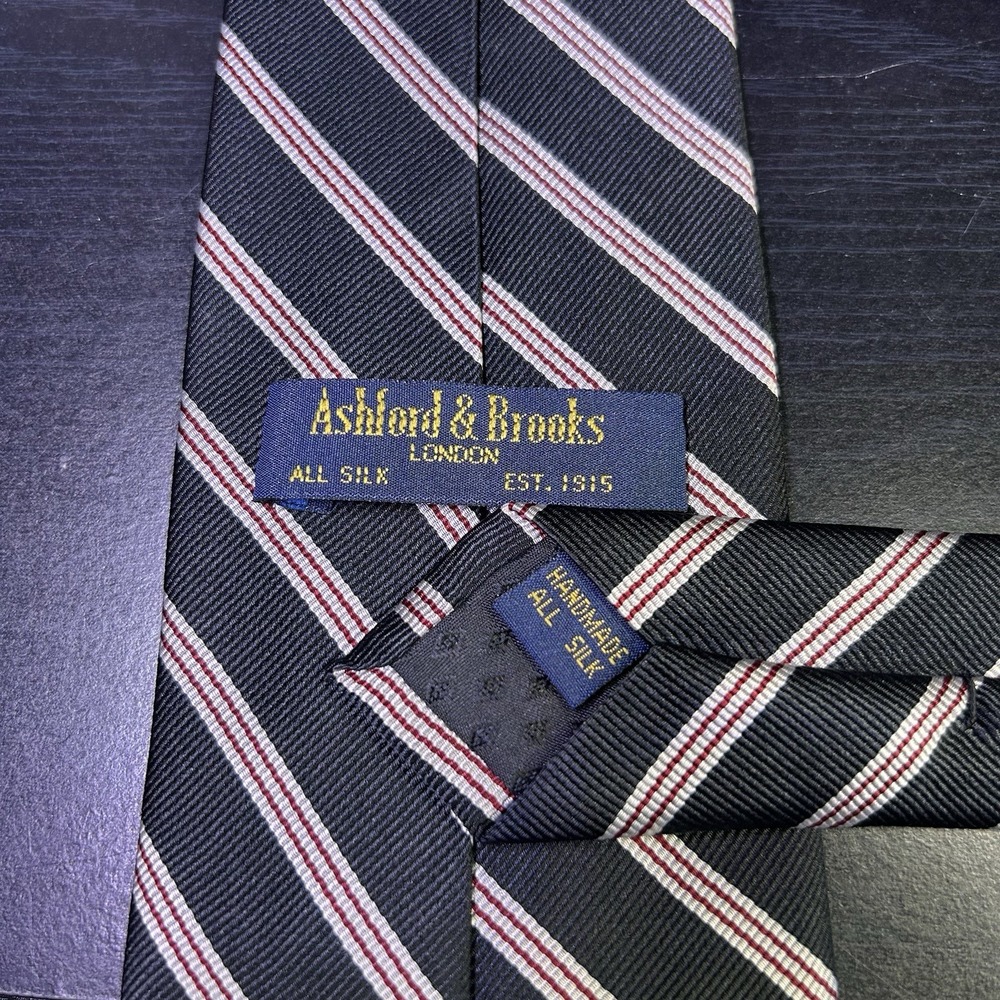 Ashford & Brooks London Mens Handmade Silk Tie Black w/Red White Stripes - Picture 3 of 8
